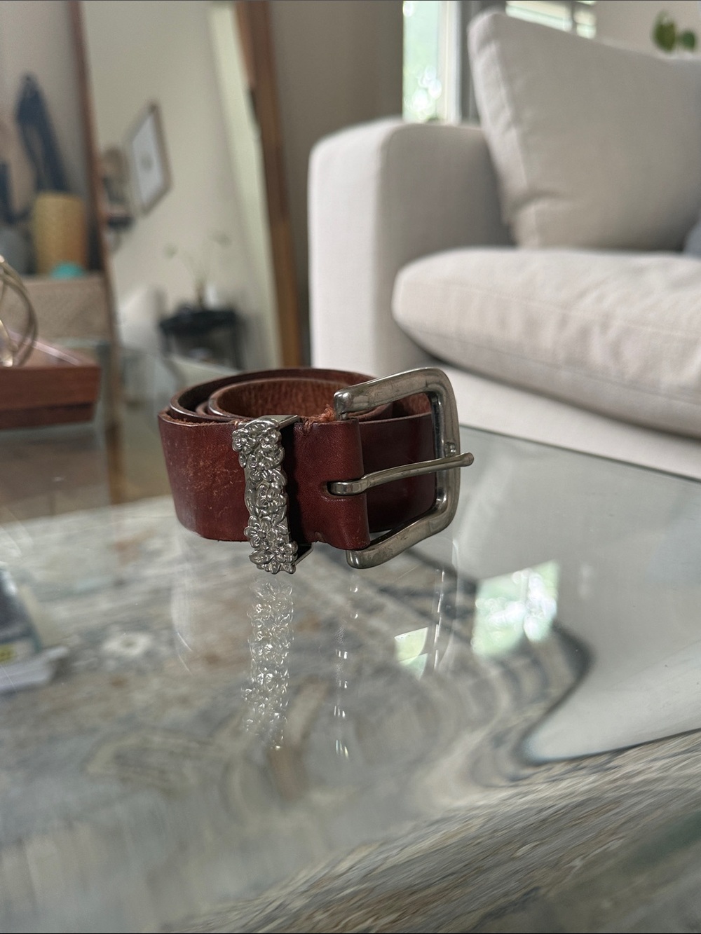 Brown Leather Belt with Floral Buckle